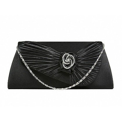 Evening Bag - 12 PCS - Satin Pleated Flap w/ Rhinestone Rose Accent Charm - Black - BG-92026B 